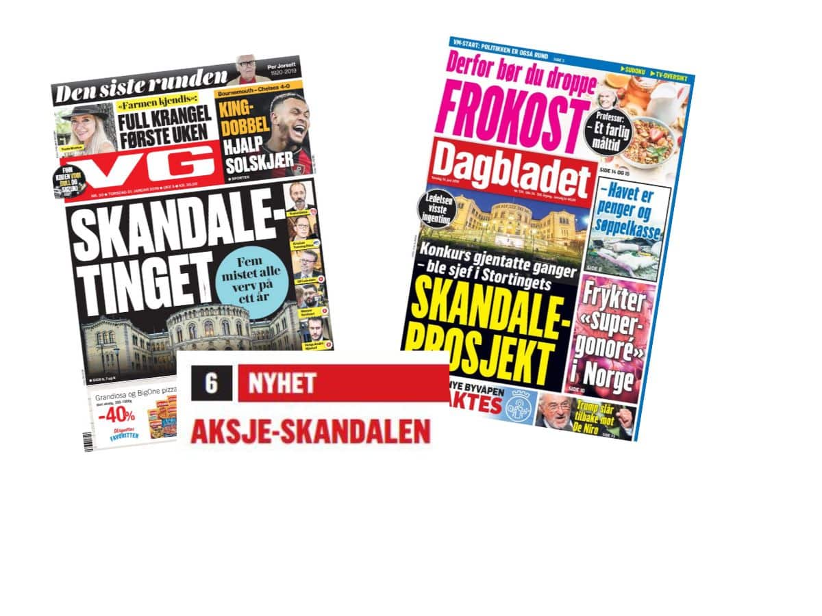 Faksimiler som viser skandaleoverskrifter i VG og Dagbladet