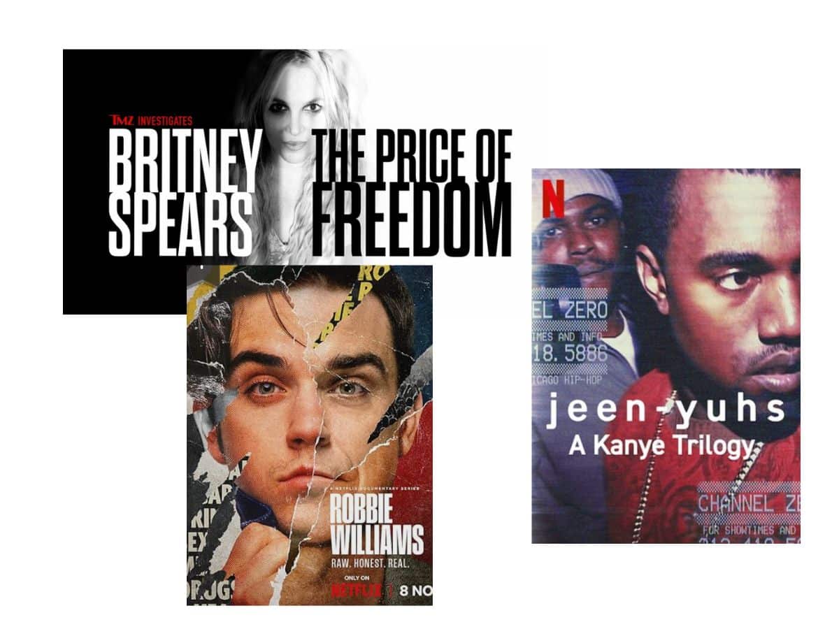 Bilde av plakatene for dokumentarene om Britney Spears, Kanye West og Robbie Williams
