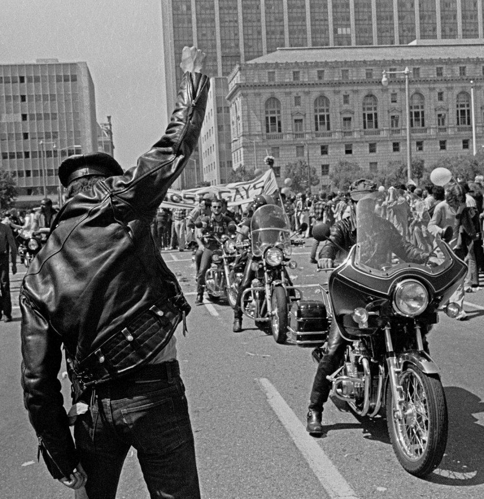 leather man raises his fist during the Gay Pride Parade in San Francisco on June 29th 1977