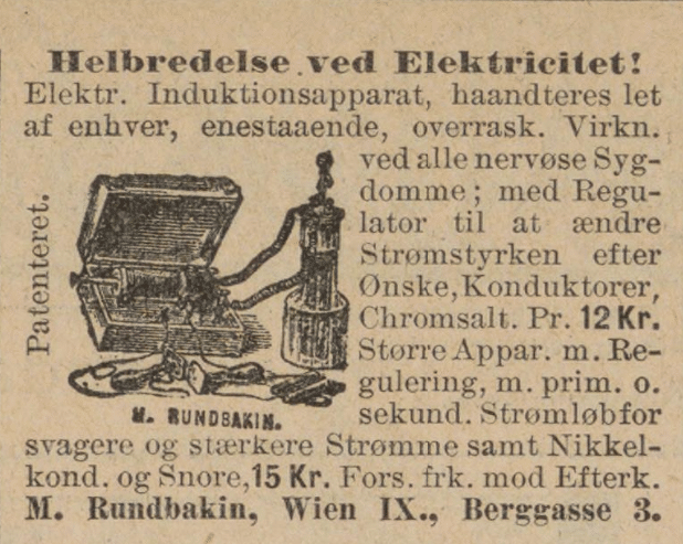 Helbredelse ved elektricitet. Gammel annonse for et apparat som skal virke ved alle nervøse sykdommer